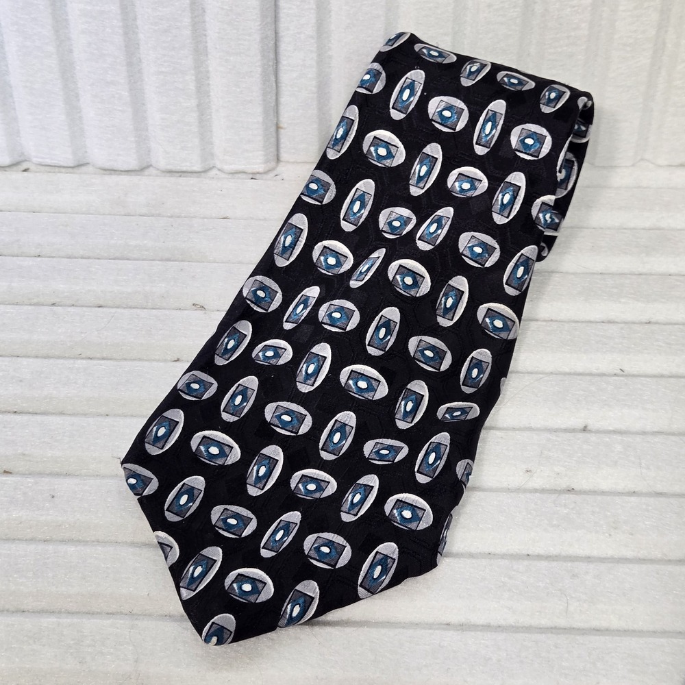 Stafford Mens Silk Tie Black Blue Silver Geometric Medallion Made‎ in Italy